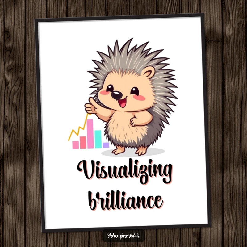 Funny digital art print of a porcupine enthusiastically pointing at a colorful graph, embodying insightful analysis.