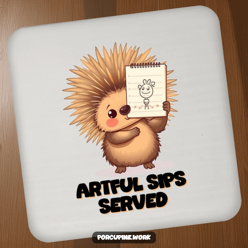 Funny Drink Coaster featuring a porcupine proudly holding a notepad with a doodle, a humorous accessory for any art lover's home.
