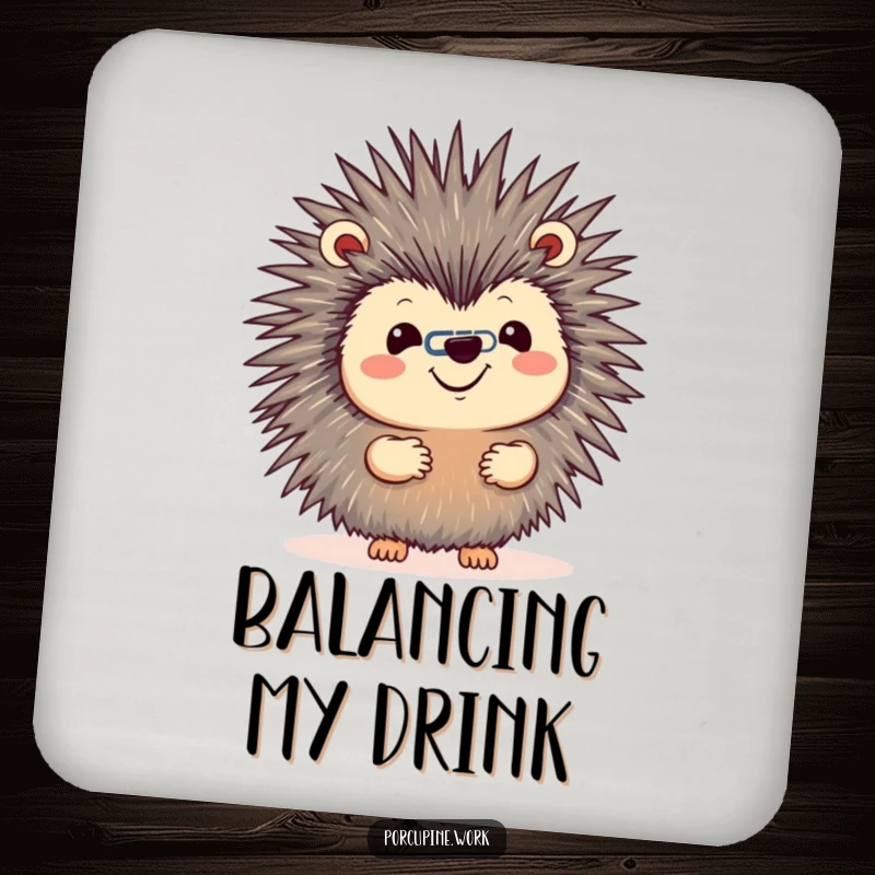 Funny coaster depicting a porcupine balancing a paperclip on its nose, adding a humorous, skill-themed touch to drink protection.