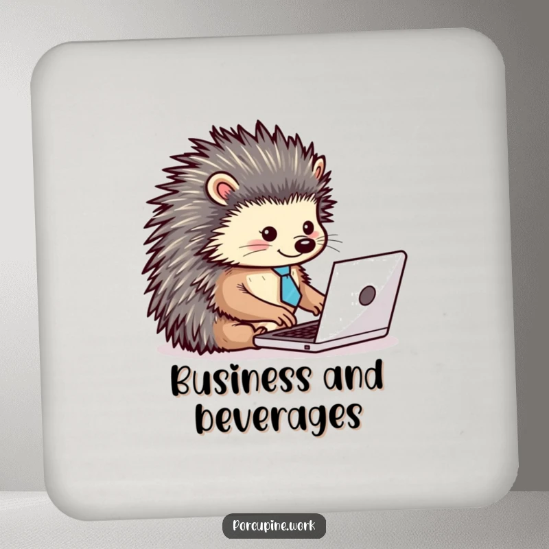 Funny drink coaster showing a porcupine wearing a tiny tie, typing energetically on a laptop, offering humorous surface protection.