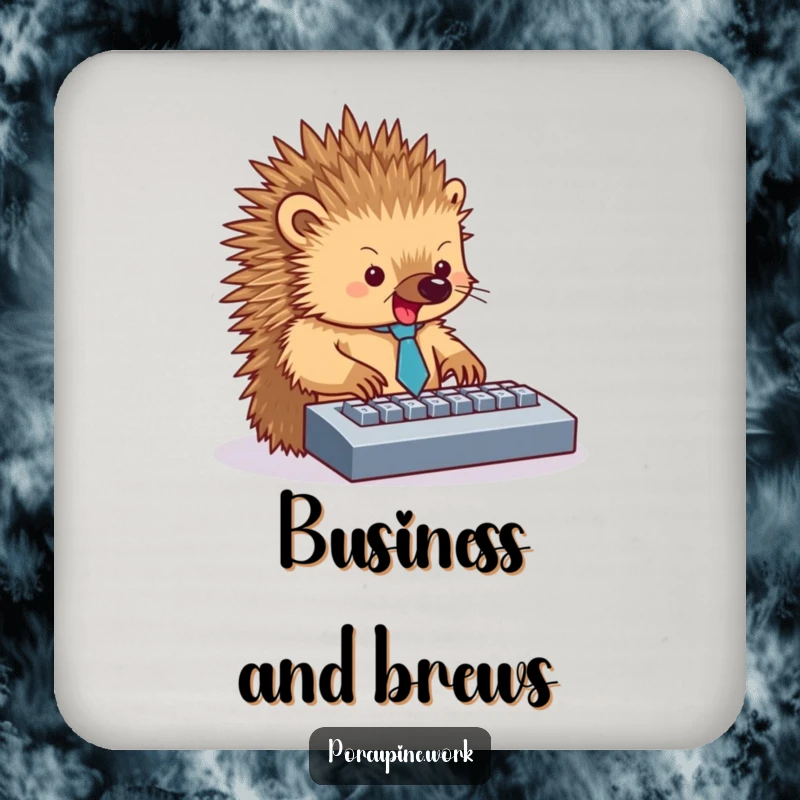 Funny drink coaster with a porcupine in a tiny tie, typing enthusiastically on a keyboard, adding humor to your desk.