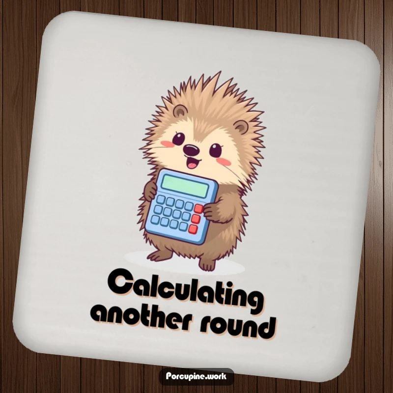 Funny porcupine triumphantly holding a tiny calculator, a humorous and protective drink coaster.