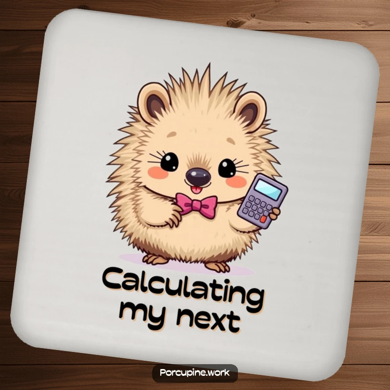 Funny smart porcupine coaster featuring a determined porcupine in a bowtie holding a calculator, protecting surfaces.
