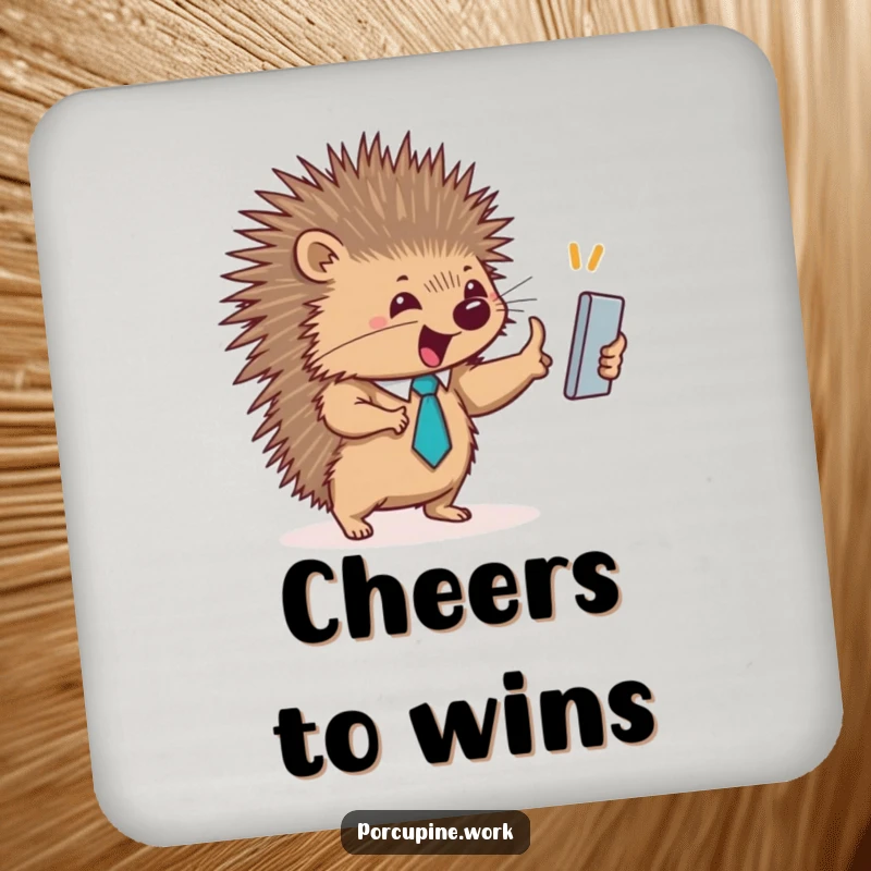 Funny drink coasters featuring a porcupine in a small tie giving an enthusiastic high-five, perfect for adding team spirit.