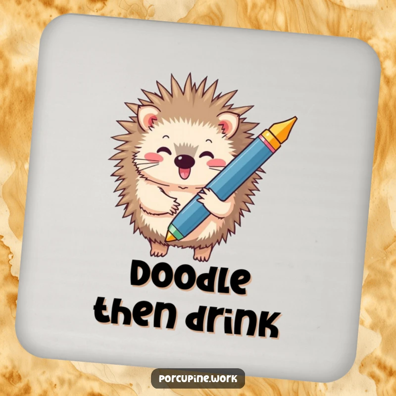 Funny drink coasters featuring a porcupine holding a large pen, adding a humorous touch to drink protection.