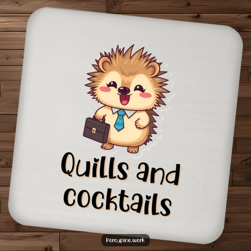 Funny business porcupine coaster featuring a small, tie-clad porcupine with a briefcase, protecting surfaces with humor.
