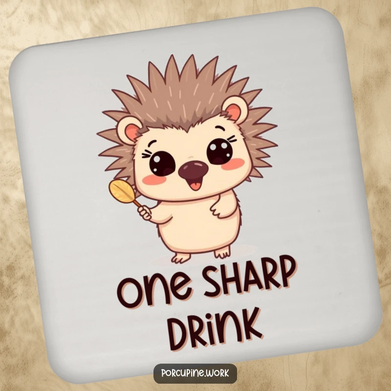 Funny happy porcupine coaster featuring a cheerful porcupine with wide eyes presenting a quill, protecting surfaces.