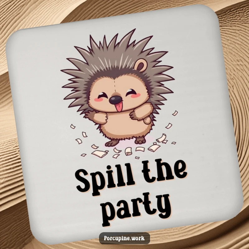 Funny mischief porcupine coaster featuring a mischievous porcupine with quills out scattering paper scraps, protecting surfaces.
