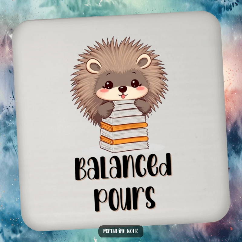 Funny drink coaster featuring a porcupine balancing a stack of papers on its quills, adding a touch of office charm.