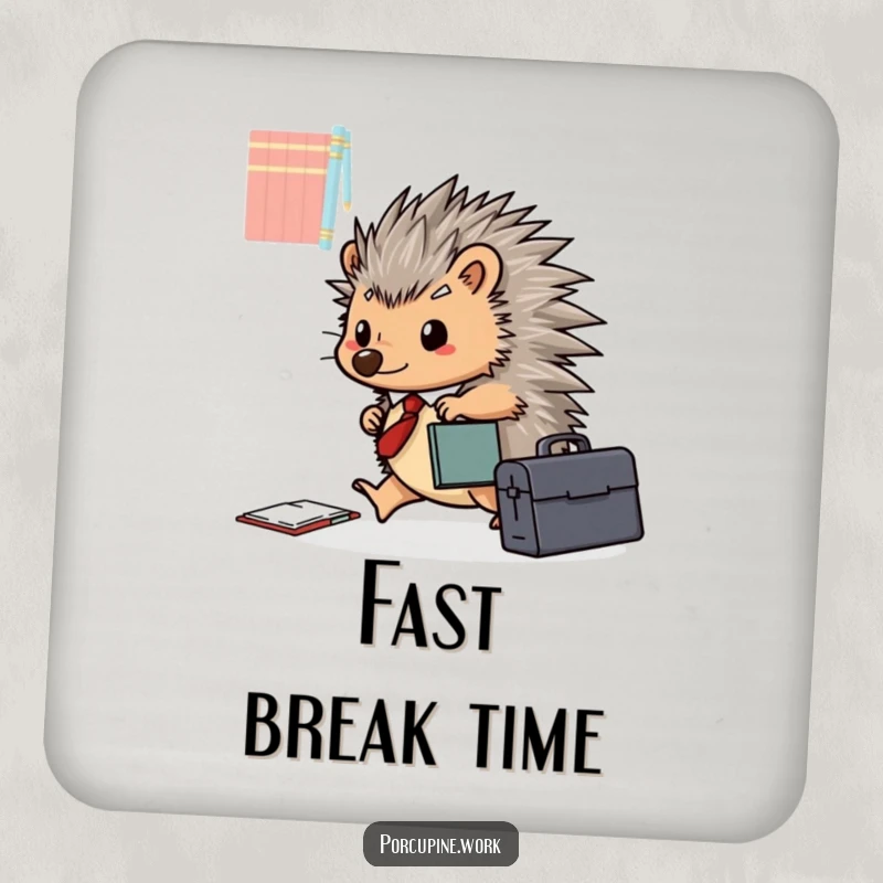 Funny porcupine with a briefcase happily scurries across a desk on this protective and humorous drink coaster.