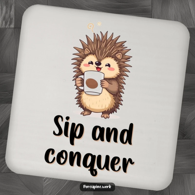 Funny porcupine triumphantly holding a steaming coffee mug, a humorous coaster for protecting drink surfaces.
