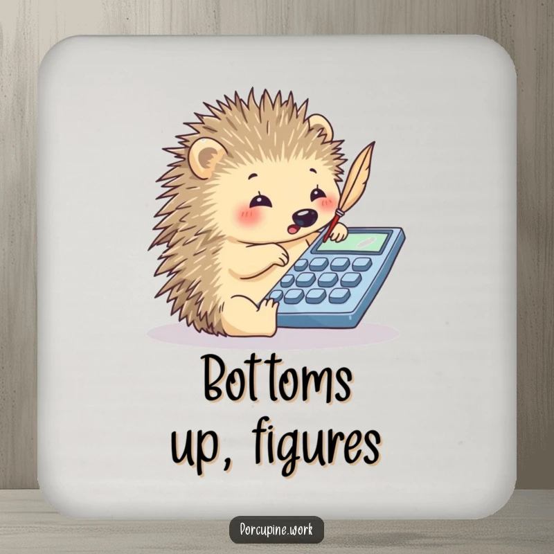 Funny porcupine using its quill to tap a calculator, a humorous coaster for drink protection.