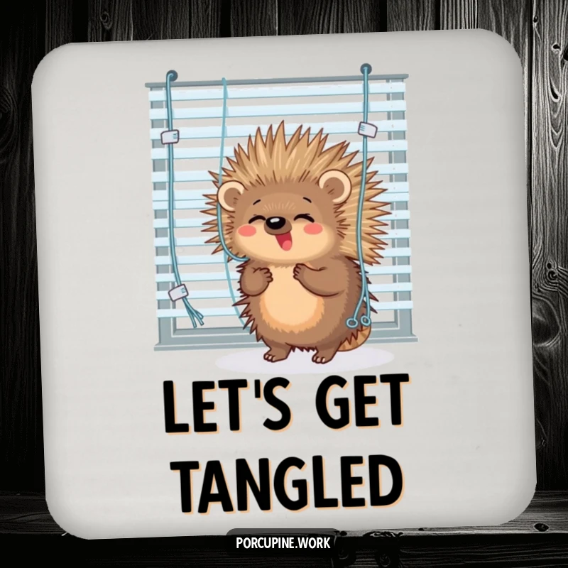 Funny porcupine comically tangled in office blinds, a humorous coaster for protecting drink surfaces.