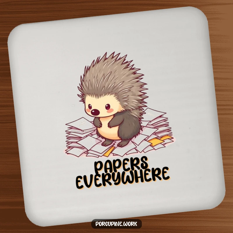 Funny porcupine drink coaster showing a determined porcupine on a pile of papers, protecting surfaces with humorous flair.