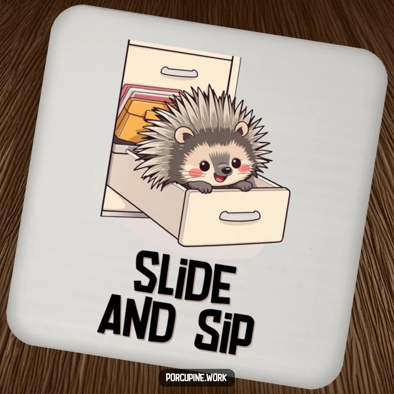 Funny drink coasters with a porcupine sliding down a filing cabinet drawer with pure delight, protecting surfaces with office-themed humor.