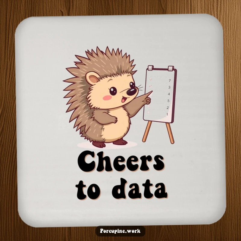 Funny drink coasters with a porcupine pointing at a chart, bringing office intelligence and humor to your tabletop.