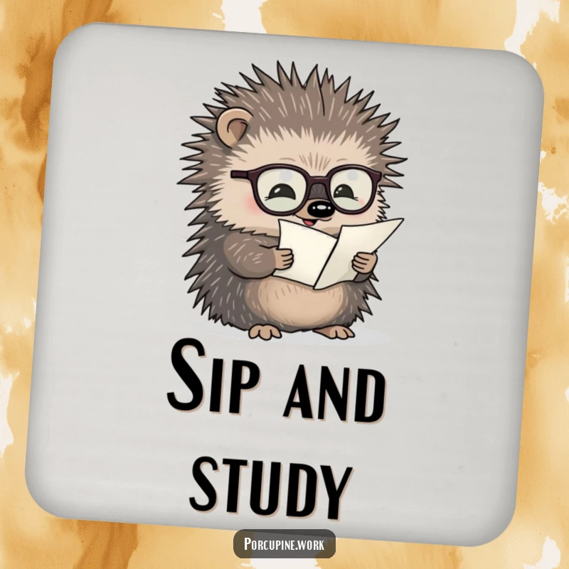 Funny drink coasters with a porcupine wearing glasses reading a tiny document, bringing scholarly humor to your tabletop.