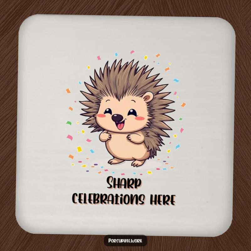 Funny porcupine confetti drink coaster featuring a mischievous porcupine scattering colorful confetti, perfect for adding humor and surface protection.