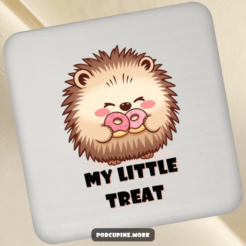 Funny drink coaster showing a porcupine winking and sharing a donut, offering a humorous touch to any surface.