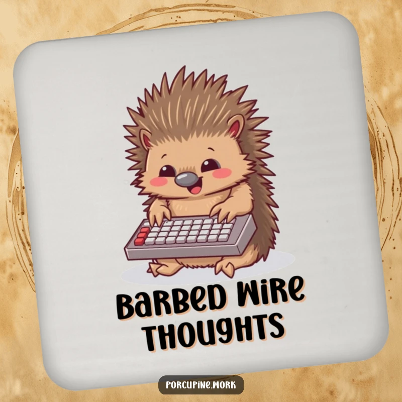 Funny porcupine drink coaster featuring a porcupine typing away gleefully on a miniature keyboard, protecting surfaces with humor.