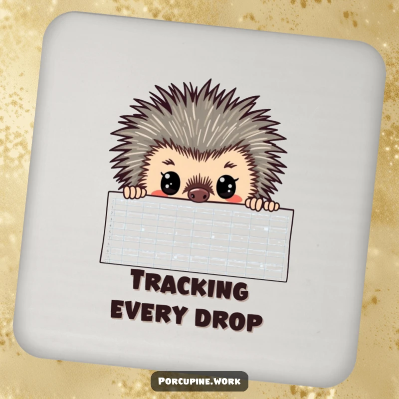 Funny Drink Coaster featuring a porcupine with wide, focused eyes looking over a spreadsheet, a humorous accessory for any analyst.