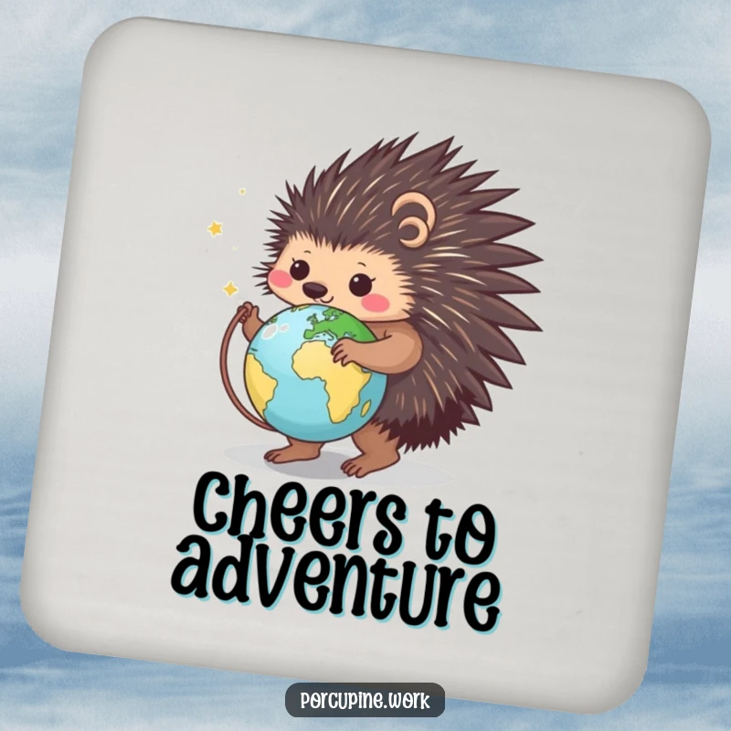 Funny drink coaster featuring a smiling porcupine spinning a globe, offering humorous protection for surfaces with a travel theme.