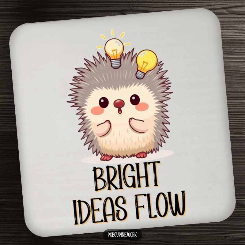 Funny porcupine having a lightbulb moment above its head, absorbent drink coaster, protects surfaces with inspiration.