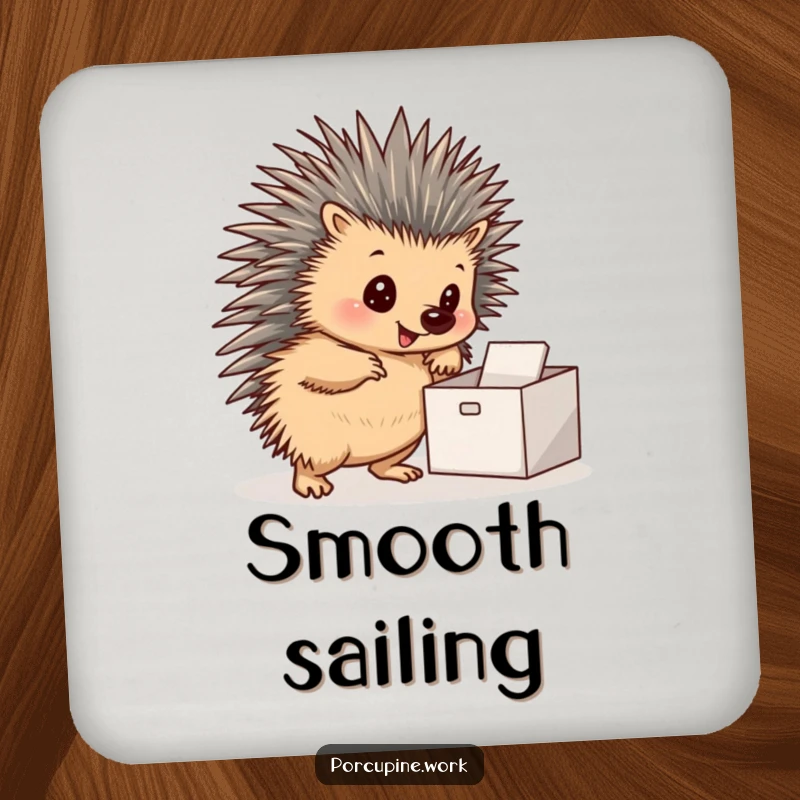 Funny drink coaster showing a porcupine posing by a neat inbox, offering organized humor.