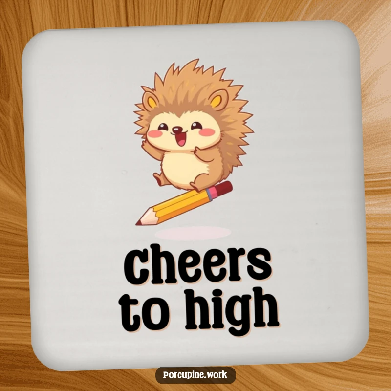 Funny drink coaster featuring a porcupine gleefully jumping over a pencil, offering humorous protection for surfaces with a message of overcoming.