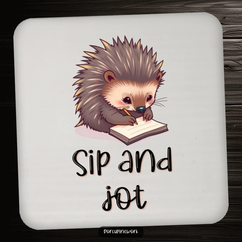 Funny drink coaster featuring a porcupine writing notes on a tiny notepad, offering humorous protection for surfaces with an organizational theme.