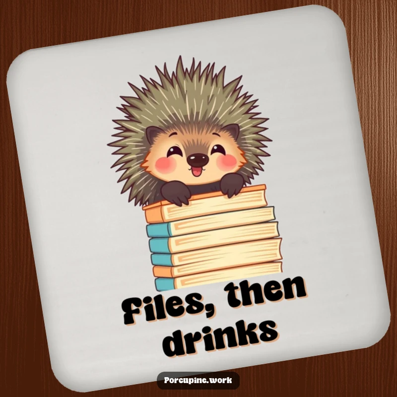 Funny porcupine peeking over a towering stack of files with amusement, a humorous and protective drink coaster.