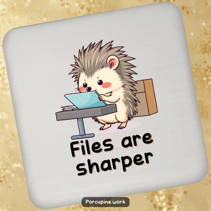 Funny Coaster featuring a porcupine sliding a file folder, symbolizing organization and desk protection.