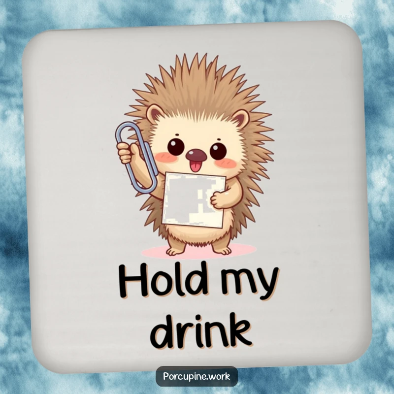Funny porcupine triumphantly holds an oversized paperclip with a proud smile on this protective and humorous drink coaster.