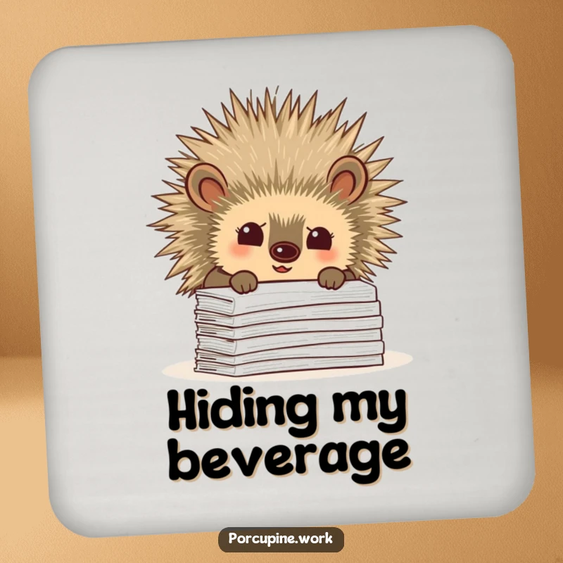 Funny coaster depicting a porcupine curiously peeking over a stack of paperwork, adding a humorous, investigative-themed touch to drink protection.