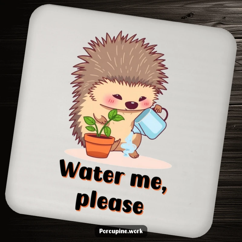 Funny coaster depicting a porcupine enthusiastically watering a small desk plant, adding a humorous, green-themed touch to drink protection.