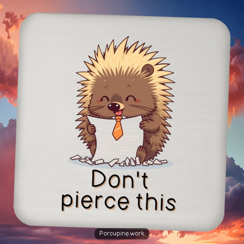 Funny porcupine wearing a small tie is caught shredding a document on this protective and humorous drink coaster.