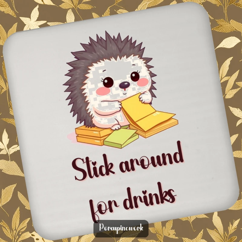Funny coaster with a happy porcupine organizing colorful sticky notes.