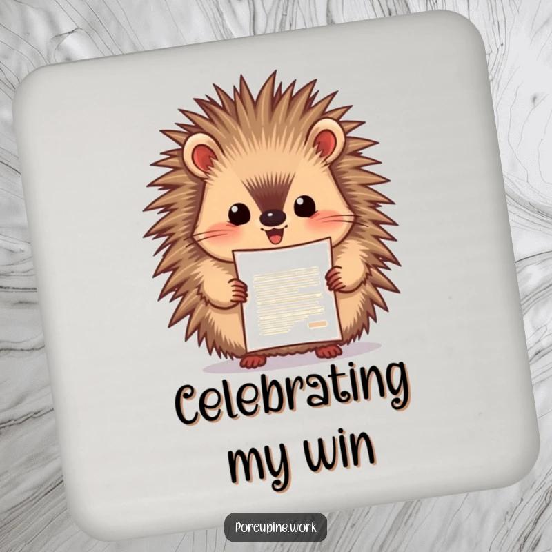 Funny porcupine enthusiastically presenting a document with pride, absorbent drink coaster, celebrating wins with humor.