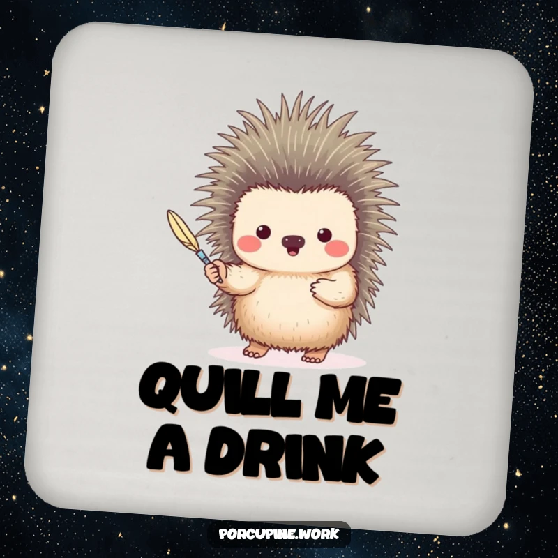 Funny porcupine holding a quill like a writing pen, on a protective and humorous drink coaster.