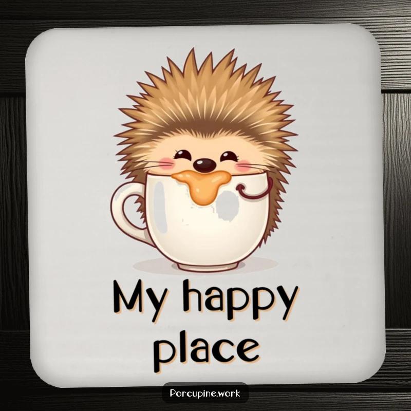 Funny drink coaster featuring a porcupine happily sipping from an oversized coffee mug, adding a touch of morning joy.