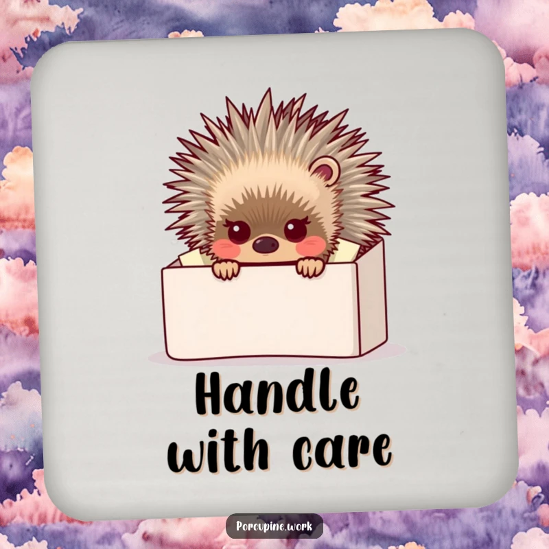 Funny porcupine peeking from behind an overflowing inbox, a humorous coaster for protecting drink surfaces at your desk.