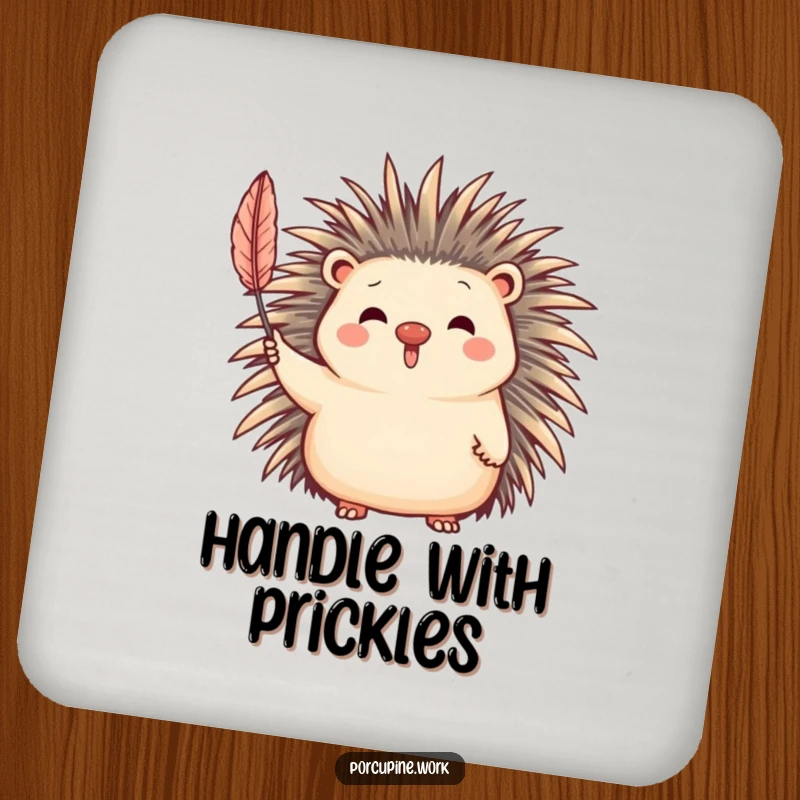 Funny Coaster depicting a cute porcupine character waving its quill, adding a decorative and protective element.