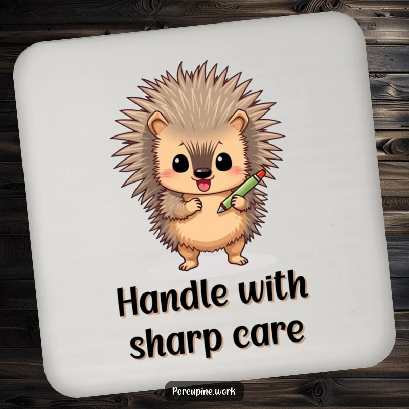 Funny porcupine drink coaster, a cute creature shimmying with a pen, protects tables from moisture and scratches.