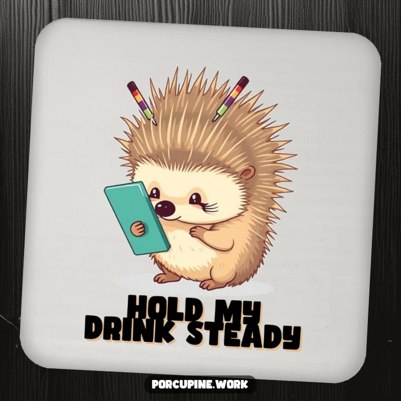 Funny porcupine carefully balancing office supplies on its quills, absorbent drink coaster, protects surfaces with office humor.