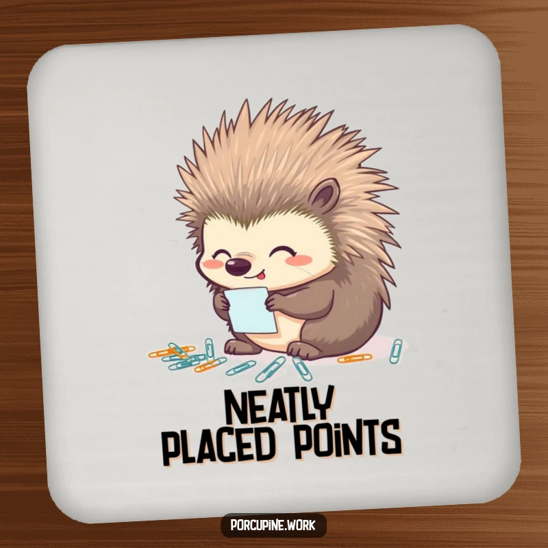 Funny porcupine organizer drink coaster featuring a porcupine looking pleased while meticulously organizing tiny paperclips, protecting surfaces with tidiness.