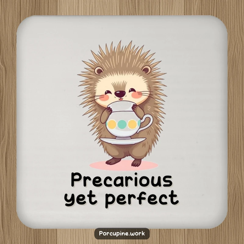 Funny Drink Coaster featuring a smiling porcupine balancing a teacup on its quills, a humorous accessory for any tea lover's home.