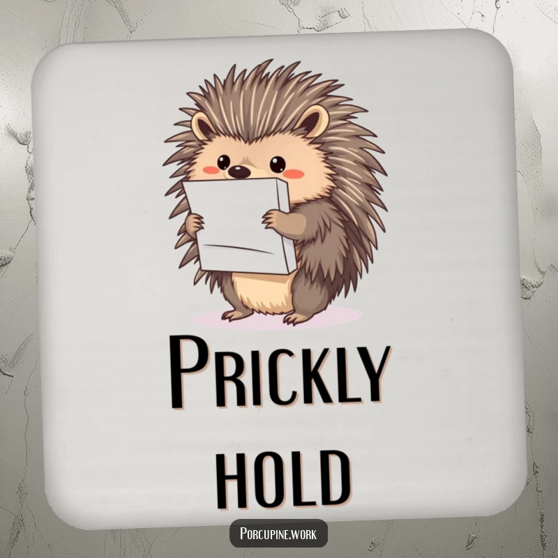 Funny porcupine holding a stack of papers with its quills, on a protective and humorous drink coaster.