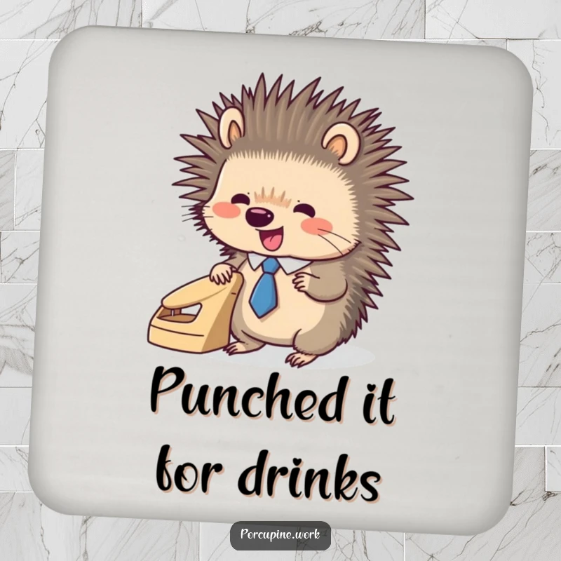 Funny porcupine wearing a tiny tie, enthusiastically using a hole punch, a humorous and protective drink coaster.