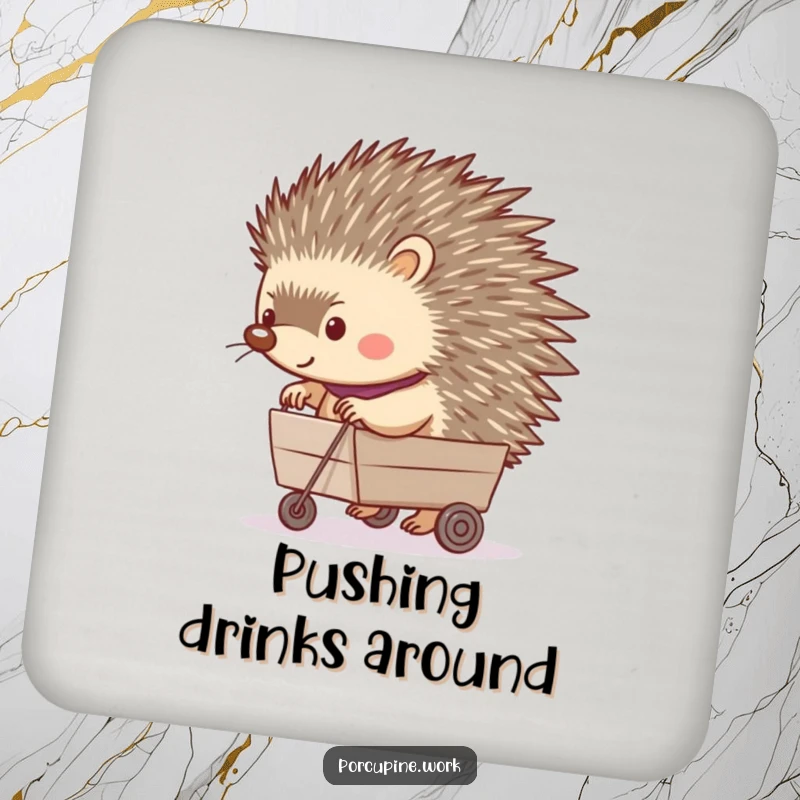 Funny drink coaster showing a porcupine happily pushing a tiny rolling cart, offering cheerful and humorous surface protection.