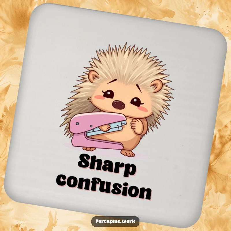 Funny porcupine looking confused at a stapler, on a protective and humorous drink coaster.